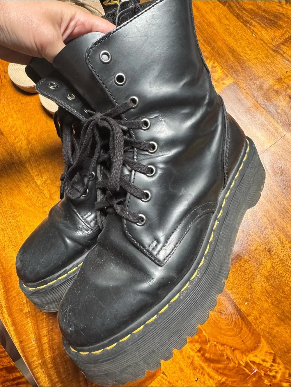 Dr. Martens Black Platform Lace-Up Boots with Yellow Stitching